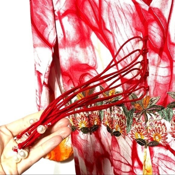 Tie Dye Water Color Embroidered Waist Maxi Dress in Red, Orange and White L - Picture 5 of 12